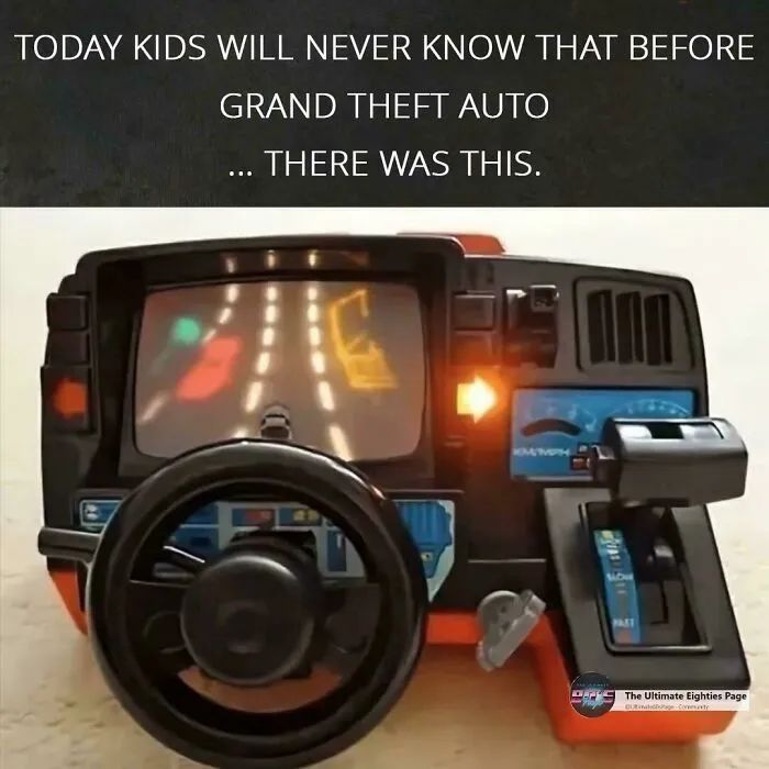 Vintage handheld driving game from the ’90s with steering wheel and gear shift, a nostalgic kids toy today won’t know.