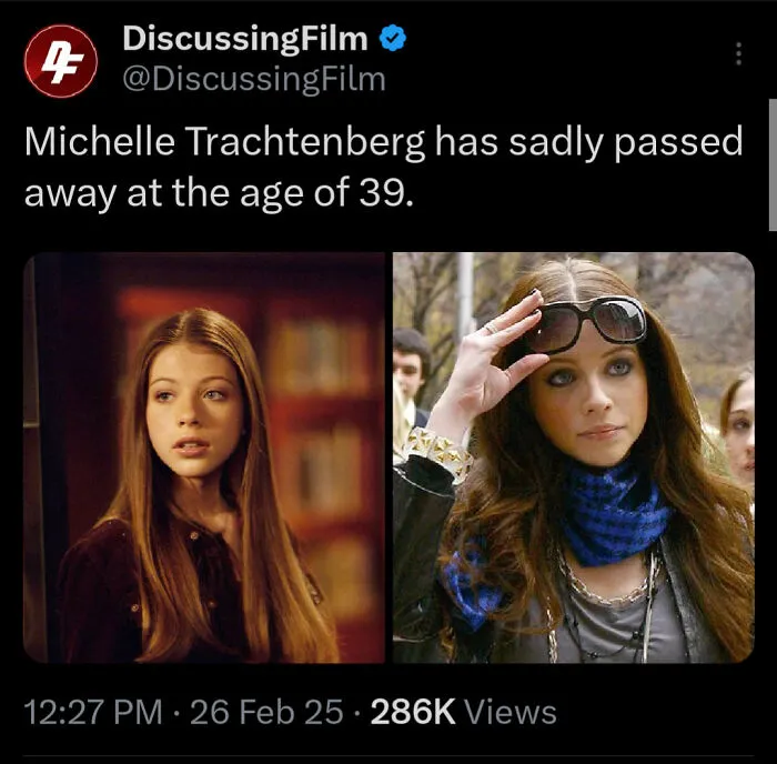 Tweet announcing the passing of Michelle Trachtenberg, a nostalgic '90s TV star remembered by kids today.