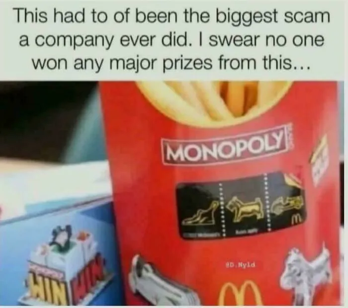 Close-up of nostalgic 90s Monopoly McDonald's fries box with text about a major prize scam from the promotion.