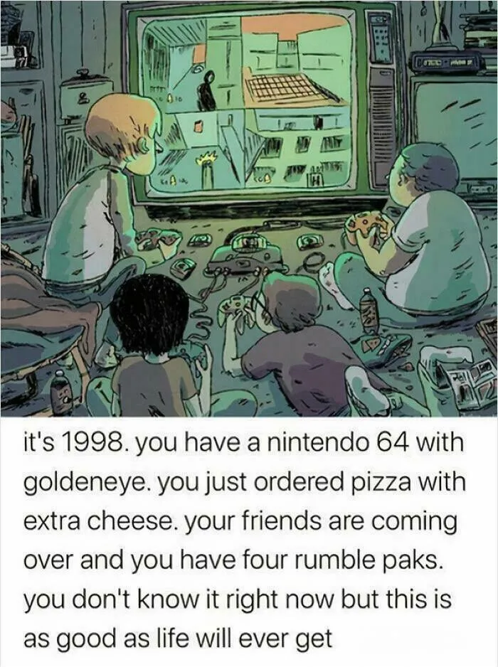 Kids playing Nintendo 64 in a nostalgic 1998 setting with friends, pizza, and classic 90s gaming memories.