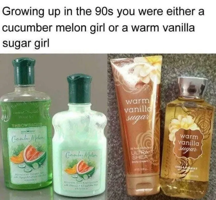 90s nostalgic body lotions cucumber melon and warm vanilla sugar bottles representing childhood memories
