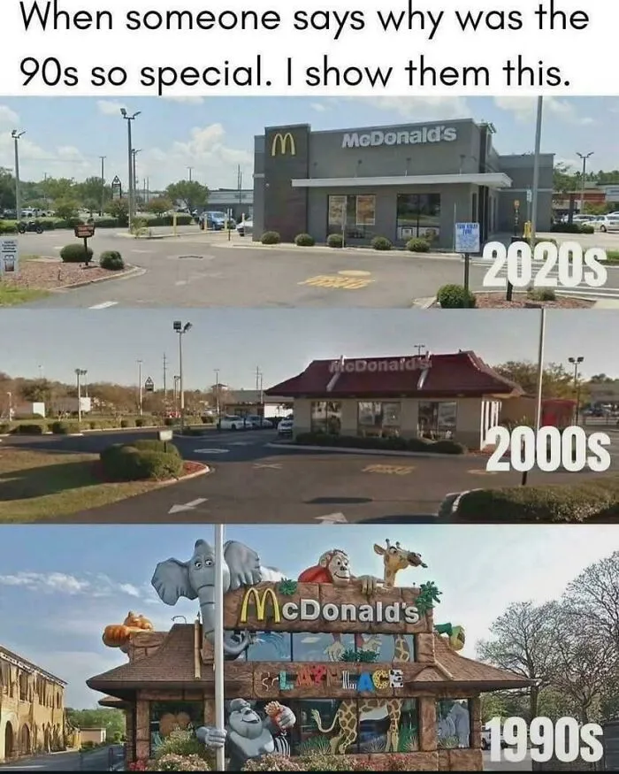 Comparison of McDonald's restaurant designs in the 1990s, 2000s, and 2020s showcasing nostalgic 90s memories