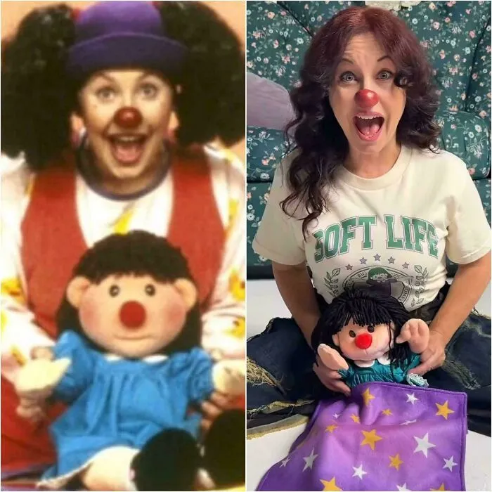 Side-by-side nostalgic 90s kids TV character and grown woman with the same red-nosed doll from childhood memories