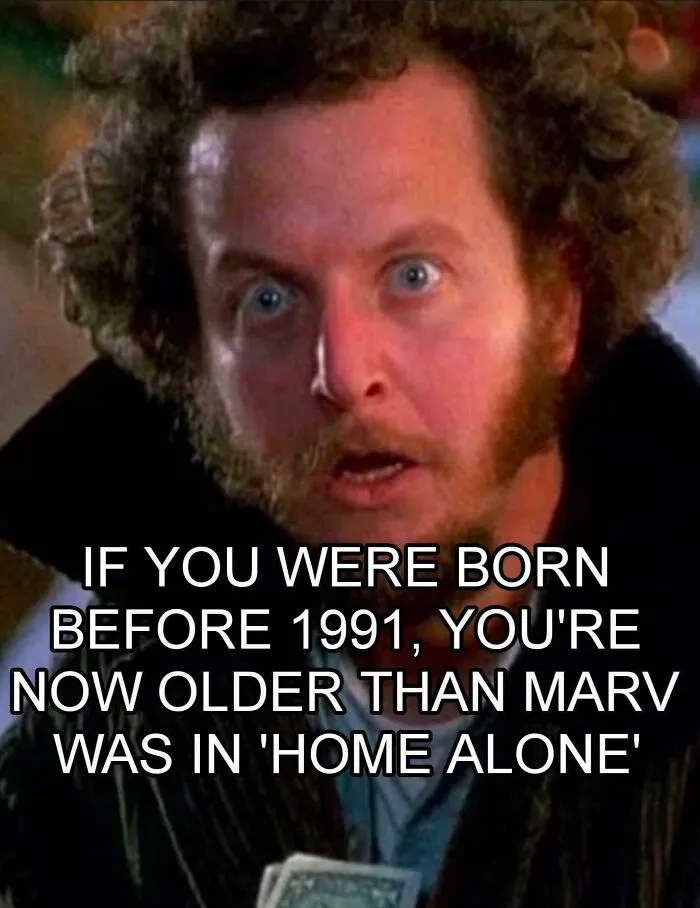 Close-up of a surprised man with curly hair and beard referencing nostalgic ’90s memories from Home Alone movie scenes.