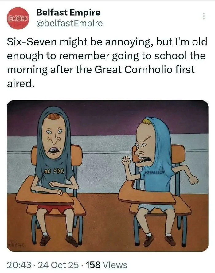 Tweet from Belfast Empire about remembering the first airing of The Great Cornholio, with a Beavis and Butt-Head cartoon image.