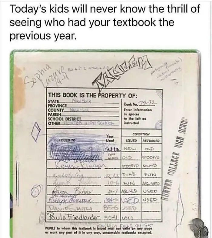 A worn ’90s textbook cover with student names and graffiti, evoking nostalgic memories of childhood school days.