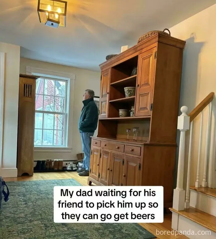 Dad waiting patiently inside home to get beer with friend