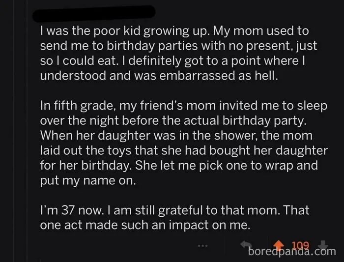 Text post about childhood kindness and gratitude for a friend's mom