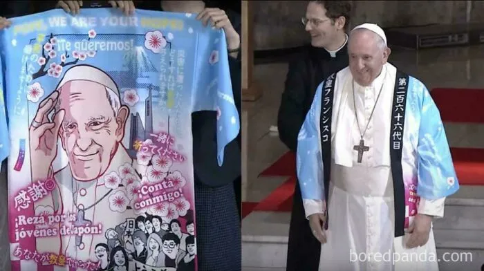 Pope Francis Wearing A Custom Anime Robe Which He Was Gifted While Visiting Japan (2019)