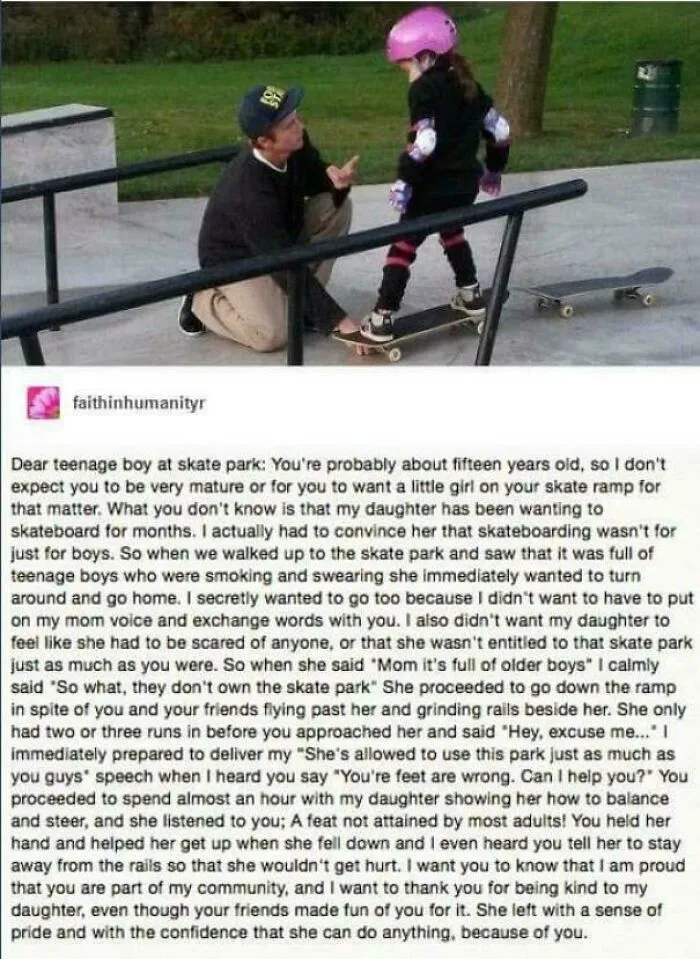 Teen teaching young girl to skateboard at skate park showing wholesome support