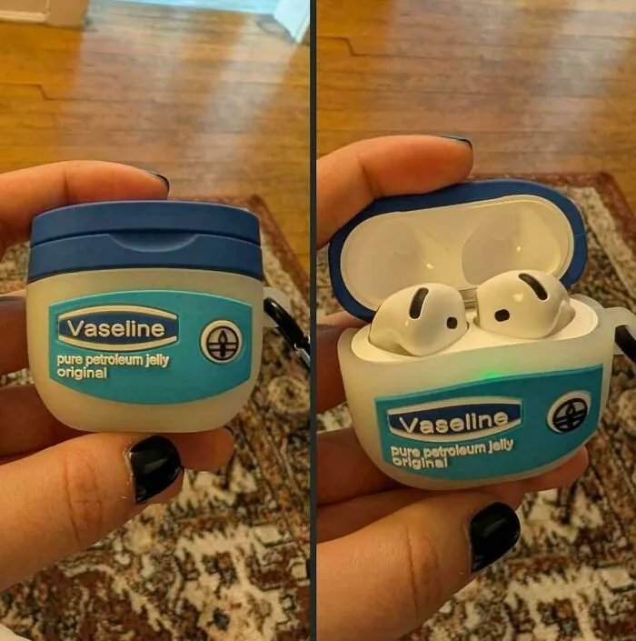 Vaseline container designed as an AirPods case with AirPods inside, creating a weird and confusing visual effect.