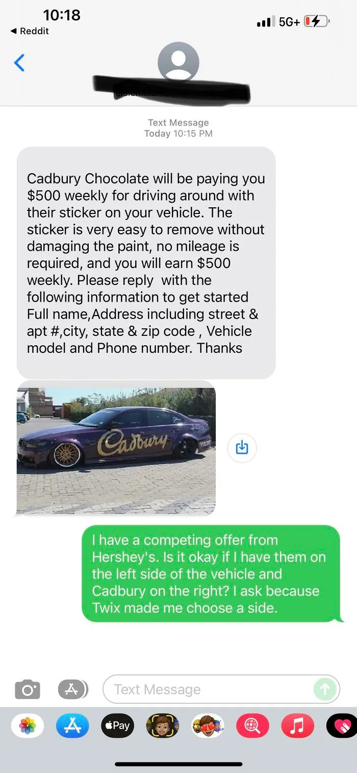 Scammers message an individual with a fake Cadbury Chocolate car wrap offer, but the person messes with the scammer.