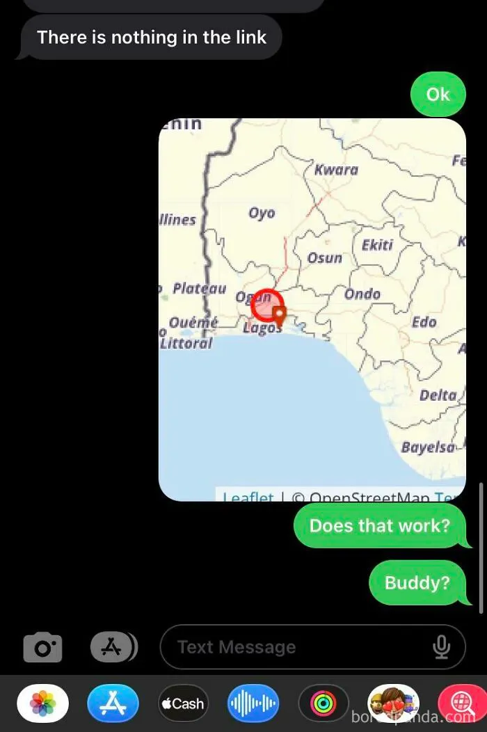 A screenshot of a text message showing a map of Lagos, Nigeria, sent to a scammer.