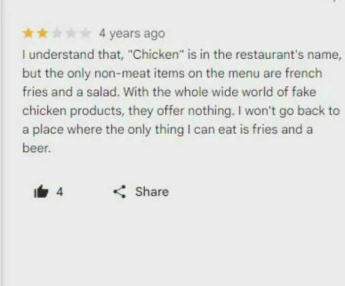 Customer review complaining about limited non-meat menu options, highlighting delusional customers in review disputes.