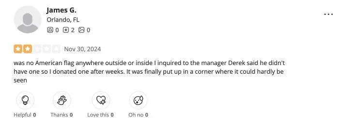Customer review complaining about missing American flag, hoping to resolve issue through online feedback.