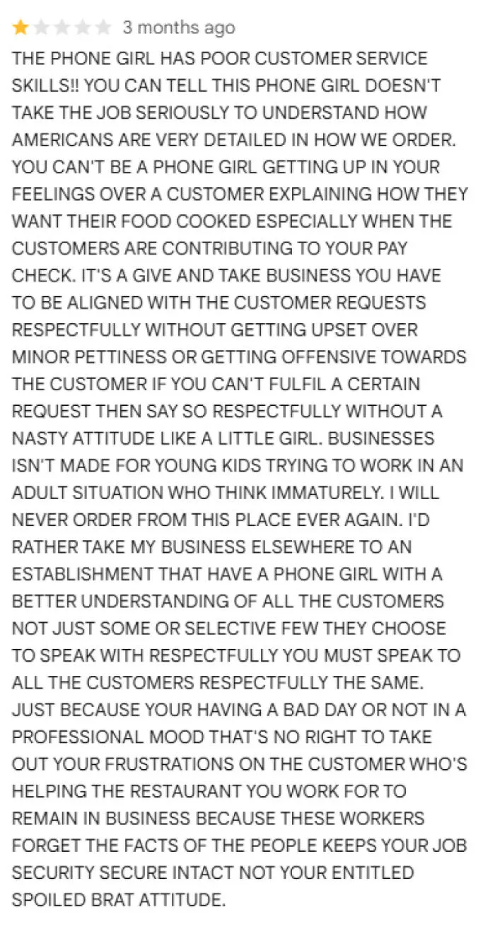 Negative customer review rant criticizing poor customer service and delusional customers in review complaints.