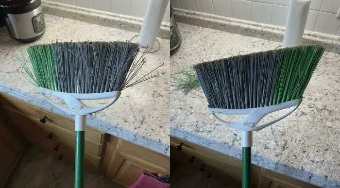 Antes y después de recortar el cabezal de la escoba