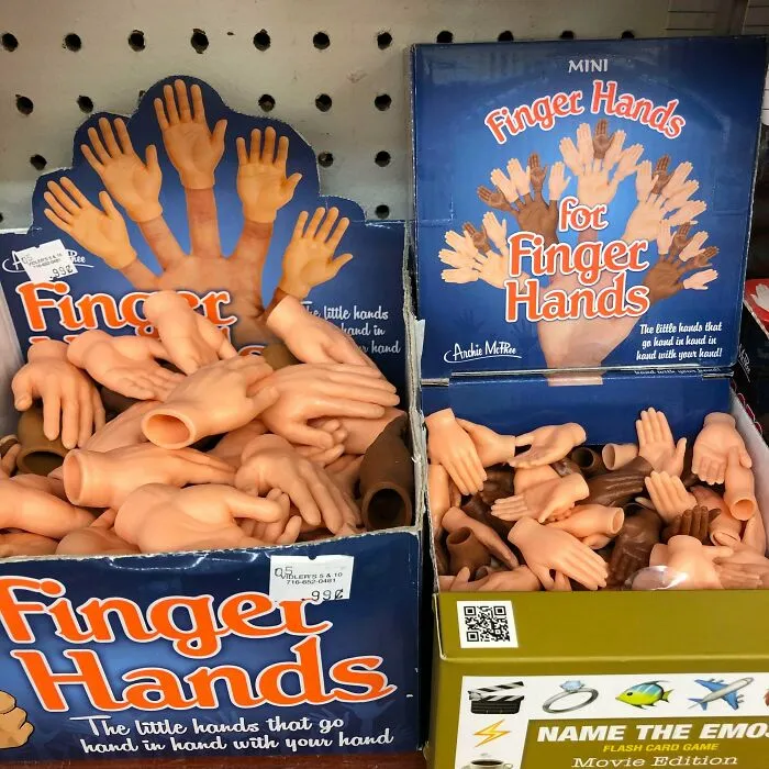 Unhinged finger hands novelty toy display in store boxes