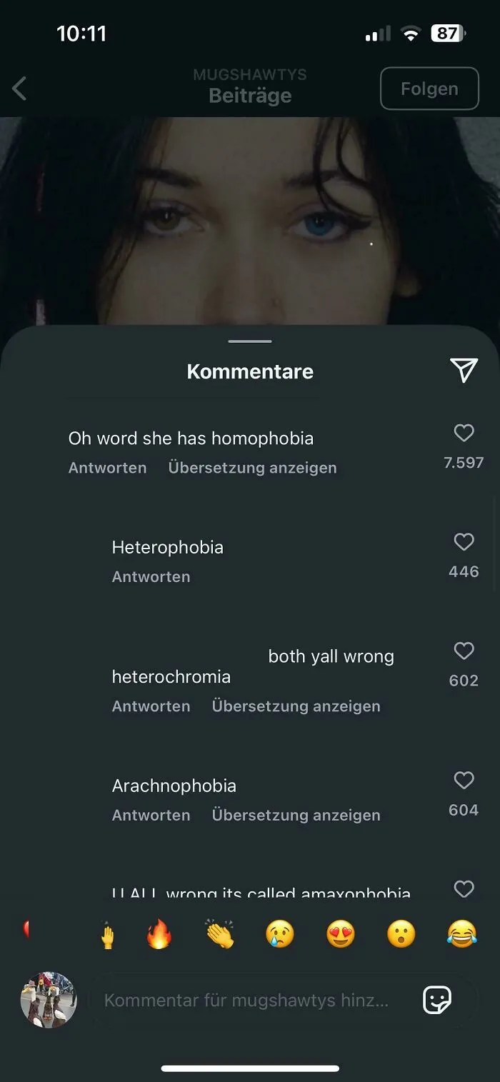 Social media comments trying to define different eyes, showing an obvious joke corrected in the comment section.