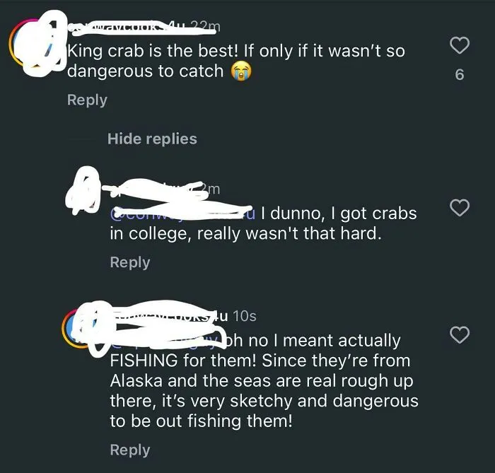 Online comments where a user corrected an obvious joke about king crab fishing versus getting crabs.