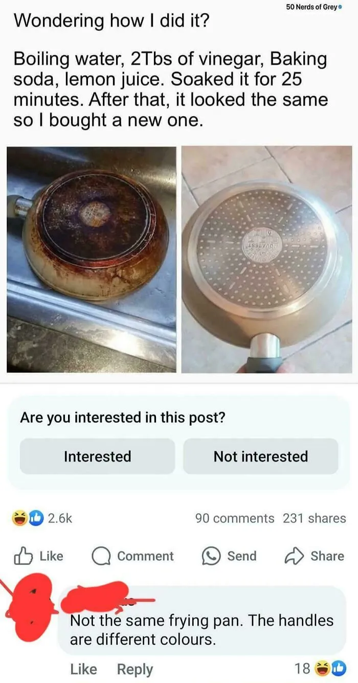 A Facebook comment pointing out different frying pan handles, where someone corrected an obvious joke.