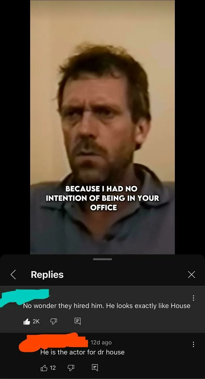 A comment thread about Hugh Laurie playing House, where someone corrected an obvious joke with confidence.