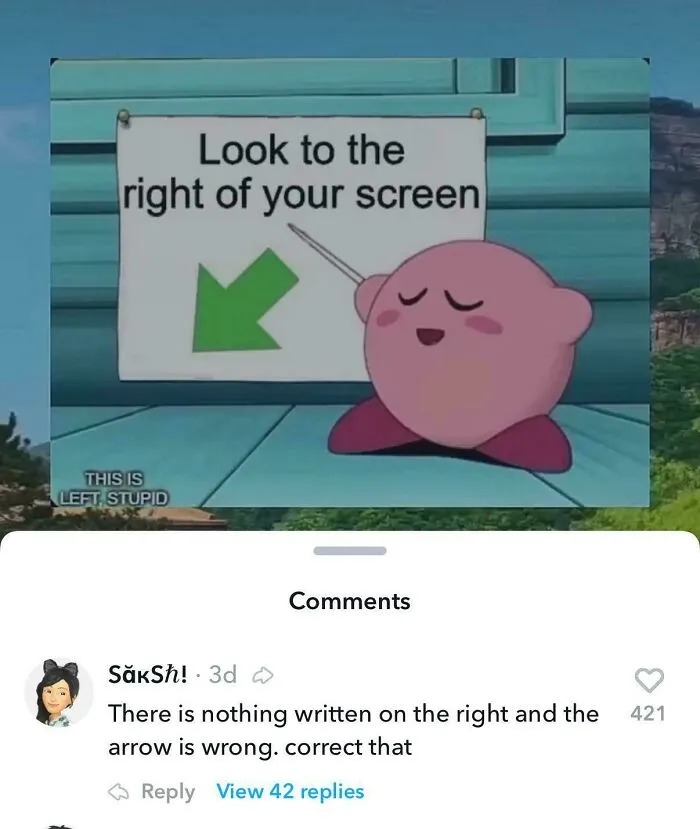 Kirby meme pointing to the wrong side of the screen with a comment where someone corrected an obvious joke.