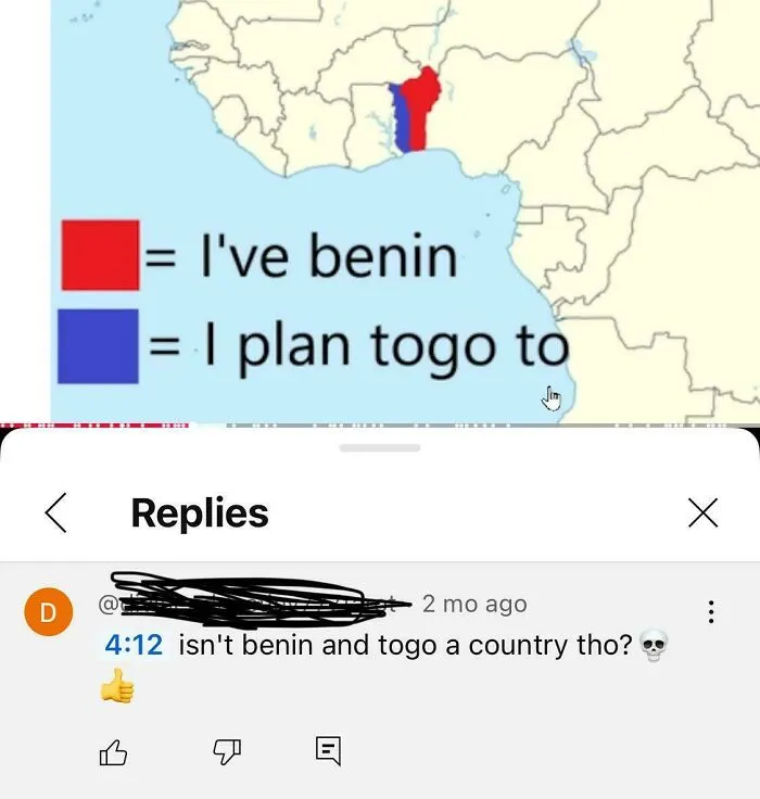 A map meme with comments where people corrected an obvious joke about Benin and Togo.