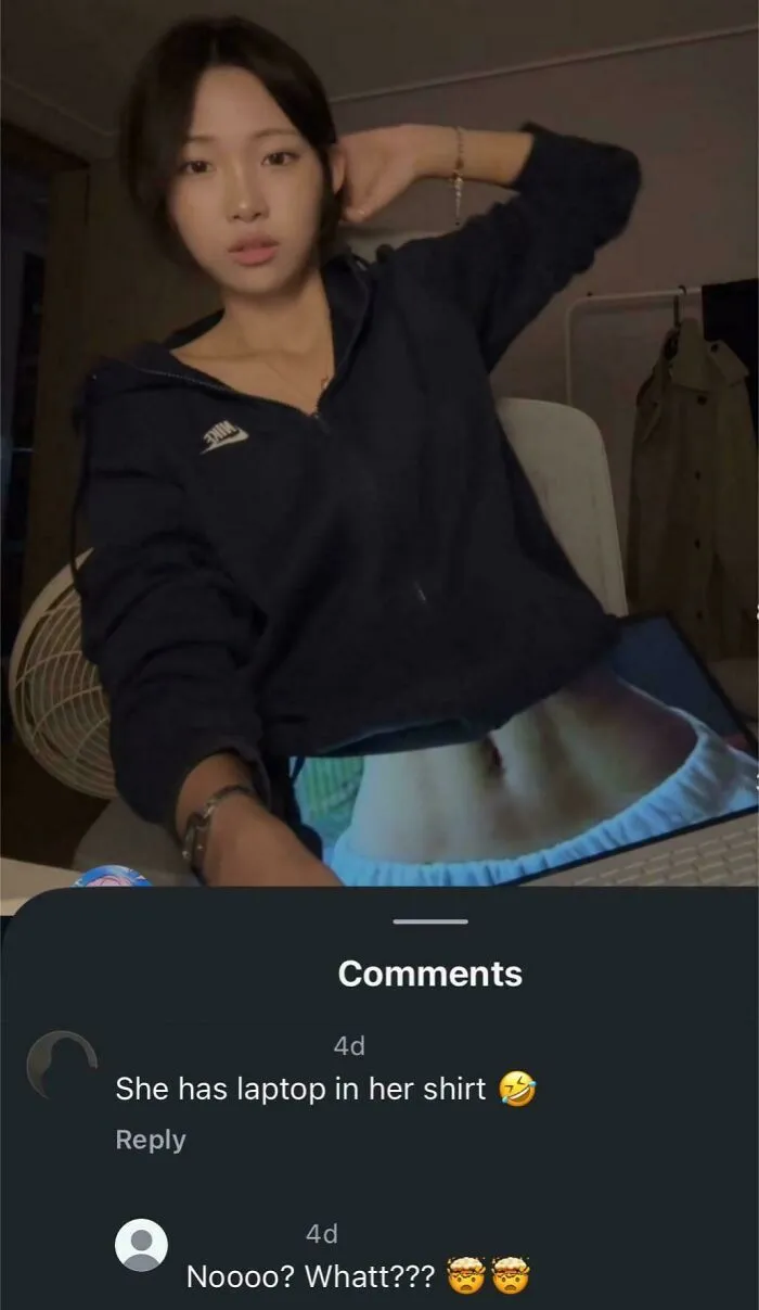 A social media post showing people who corrected an obvious joke about a laptop on a girl's shirt.