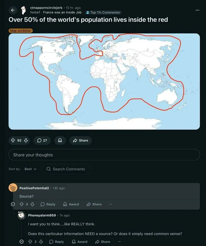 Reddit post of a world map with nearly all land circled in red, where a user seriously asks for a source.