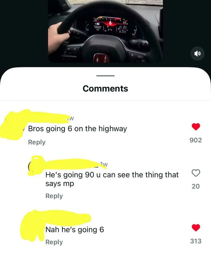 Social media comment section where someone confidently explains that a car dashboard says 90 mph to a joke about speed.