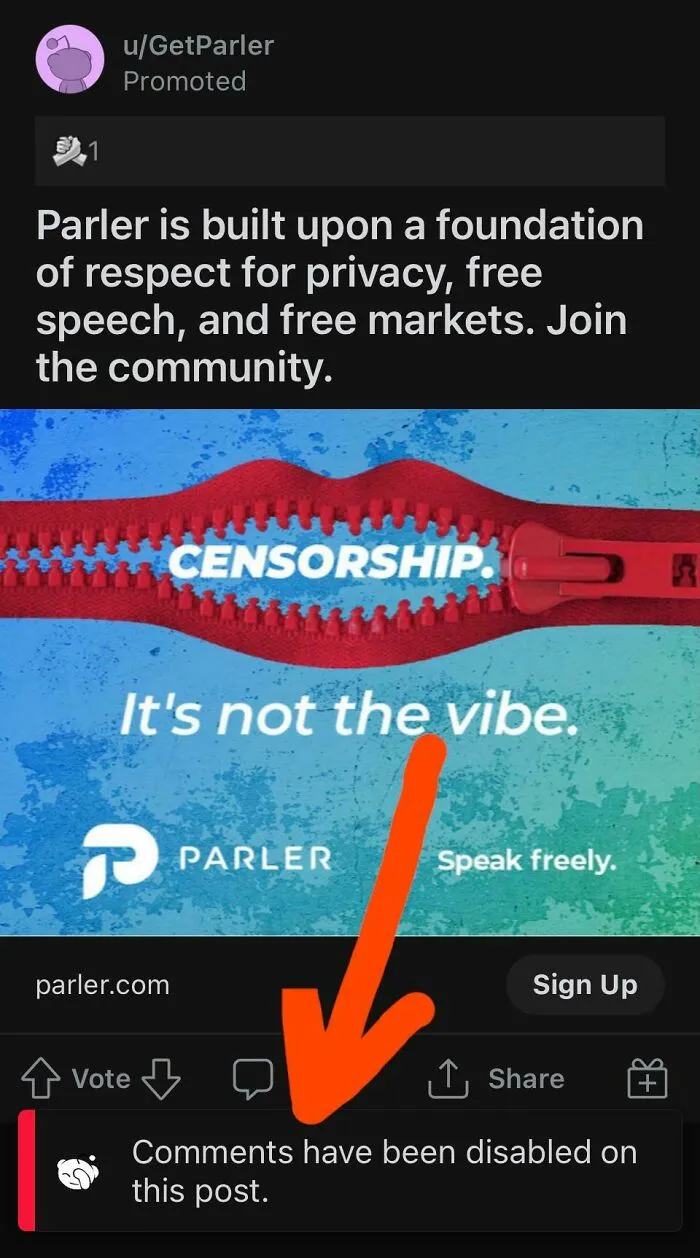 Parler Markets Themselves As A Bastion Of Free Speech, But Disables The Comments On Their Reddit Ads…🤔