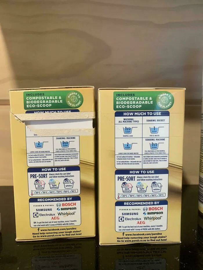 La mitad de las instrucciones de dosificación del detergente en polvo Persil están impresas en la tira que se desprende para abrir la caja.
