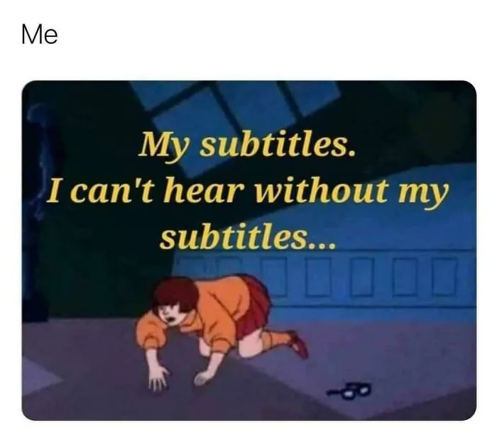 Cartoon character crawling on the ground with humorous text about needing subtitles, illustrating brilliantly unhinged posts.
