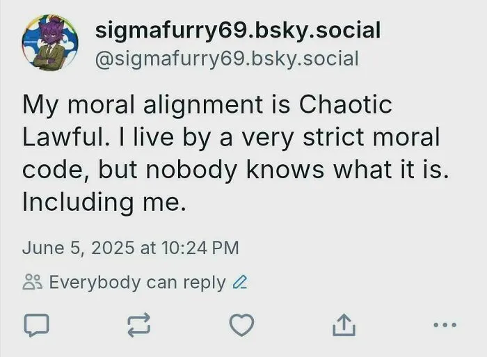 Tweet about chaotic lawful moral alignment with a strict, unknown moral code, featured in unhinged posts collection.