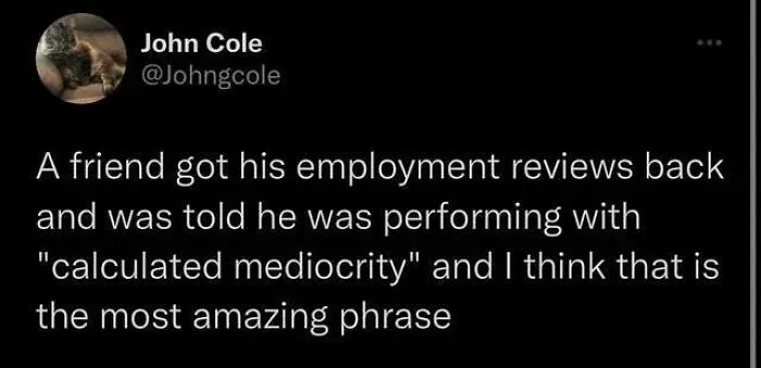 Tweet from John Cole sharing a brilliantly unhinged post about employment reviews describing calculated mediocrity.