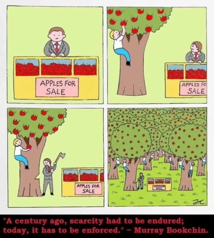 Cartoon showing a man enforcing apple scarcity by cutting down trees while apples are sold, illustrating unhinged posts humor.