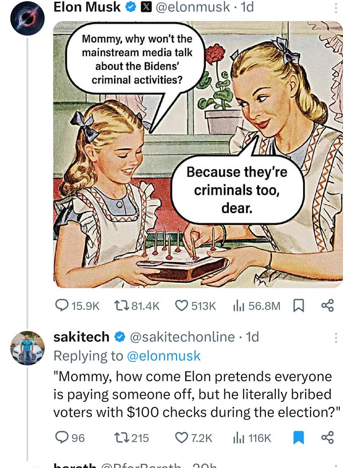 Vintage-style comic of a mother and daughter discussing criminals in the media, featured in unhinged social media posts.