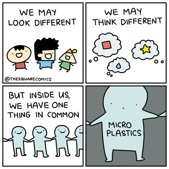 Illustration highlighting human differences and shared inner trait, featuring humor and a reference to micro plastics in unhinged posts.