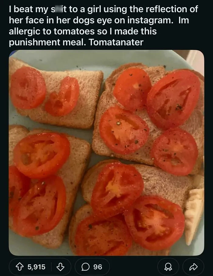 Angry incel shares a plate of toasted bread with sliced tomatoes as part of a punishment meal online.