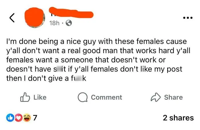 Angry incel social media post ranting about women, expressing frustration and anger, with reactions and shares.
