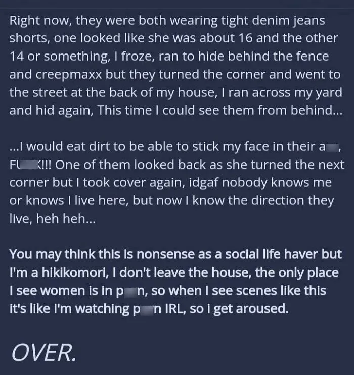 Text screenshot showing a confession from an angry incel describing hiding and feeling aroused, related to online shaming content.
