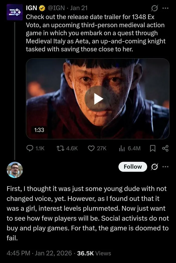 Screenshot of a tweet discussing a medieval action game release with a comment shaming angry incels online.