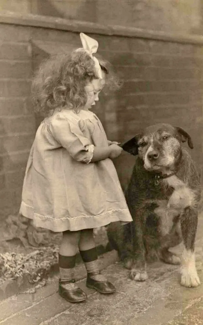 Niña posa con un perro que permanece quieto a pesar de que le tiran de la oreja, alrededor de 1900.