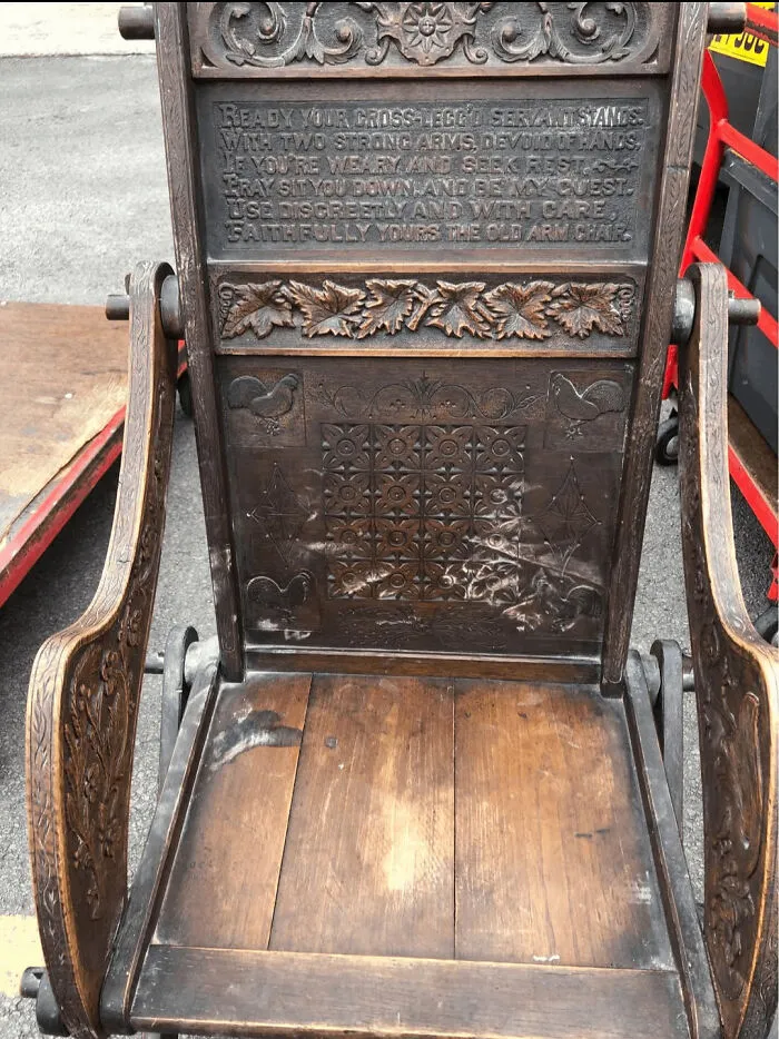 Just Blown Away By This (Victorian?) Folding Chair. I've Never Seen One With A Carved Poem And Such A High Back! West Wales, United Kingdom