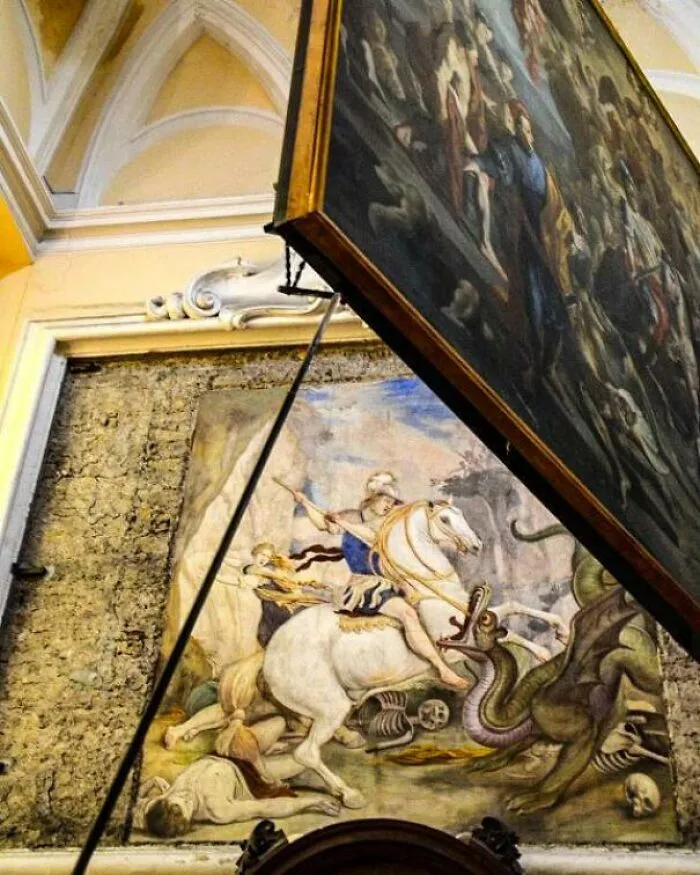 Hidden Painting Showing St George Slaying A Dragon Found Behind A 16th Century Painting Titled “Life Of San Severo”