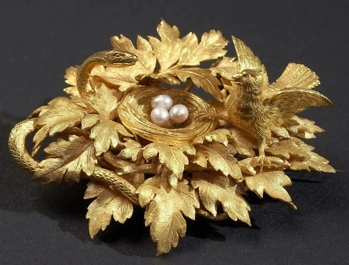 Gold Brooch Shaped Like A Nest With Pearl Eggs. Sweden, 1866
