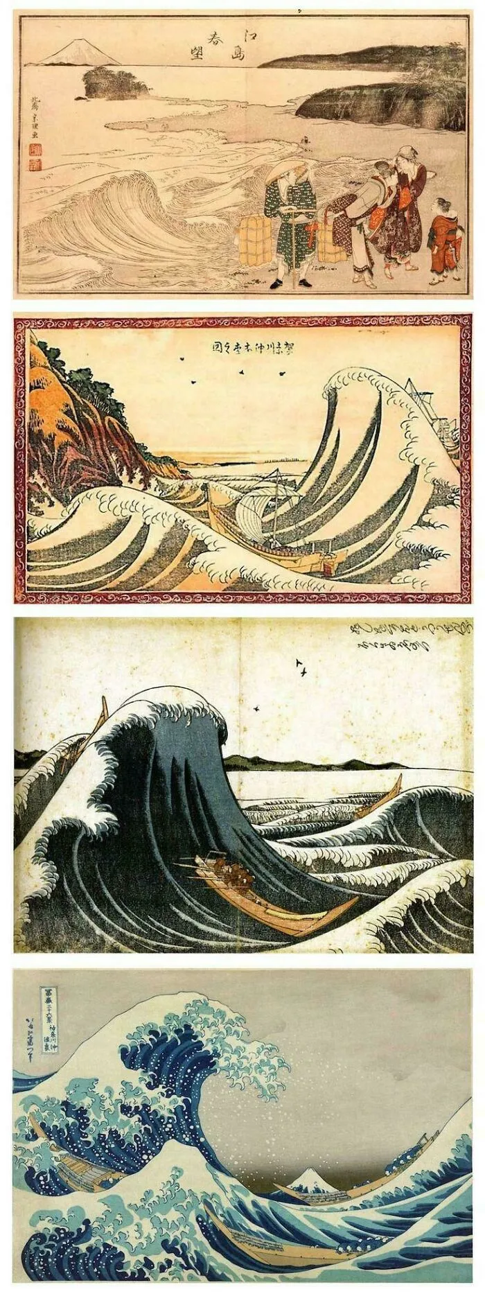 The Evolution Of The Great Wave Off Kanagawa: The 4 Versions That Hokusai Painted Over Nearly 40 Years. From Top To Bottom: The 1st When He Was 33 In 1792, The 2nd When He Was 44 In 1803, The 3rd When He Was 46 In 1805, And Finally The 4th And The Most Famous When He Was 72 In 1831 [736x1966]