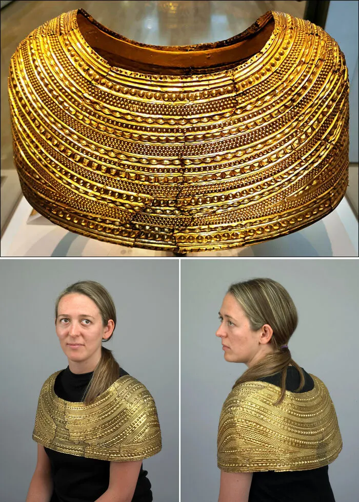 Golden ancient artefact collar shown on display and modeled by a woman, highlighting fascinating artefacts that survived to this day.