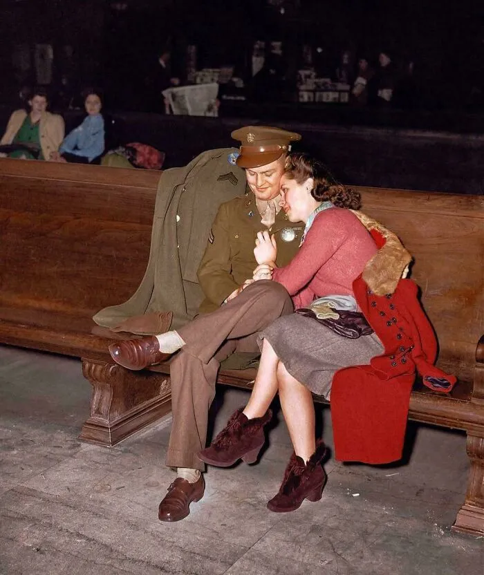 A US Soldier And His Girlfriend Waiting For A Train At Chicago Union Station In February 1943